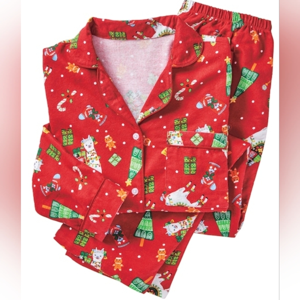 Cozee Corner Red Llama Holiday Flannel Pajama Set – Petite XL, EUC